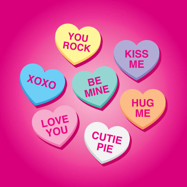 Vector illustration of multi-colored candy hearts against a pink background in flat style.
