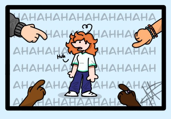 A girl with fluffy orange hair is wearing a white-and-turquoise t-shirt, blue jeans, and white shoes. She has a confused expression, and if quietly saying "Huh?" She is being pointed at by several large hands. This is against a pale blue background, where the word "HAHAHA" repeats itself over and over again.